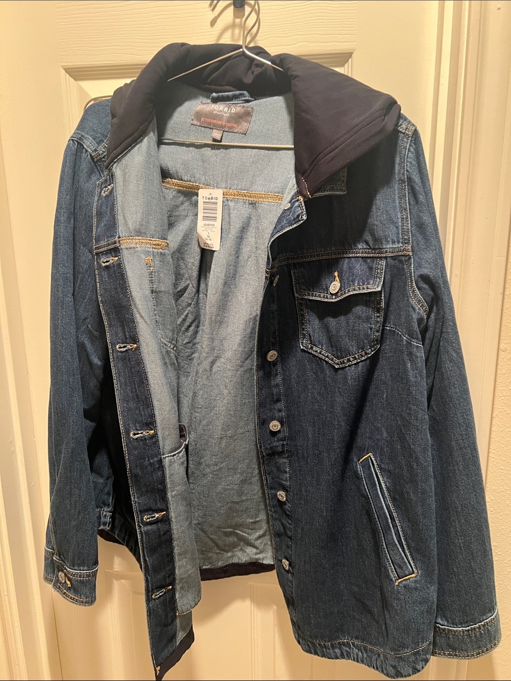 torrid Dark Blue Denim Jacket with Black Hood